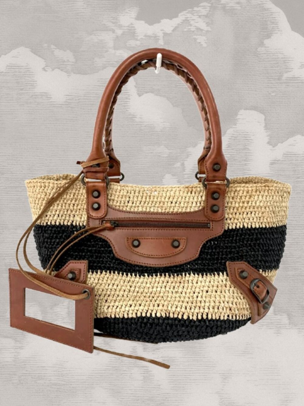 BALENCIAGA Panier Raffia Bag Striped City Small Black Cognac Market